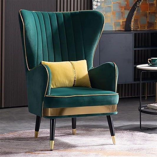 Royal Wing Chair for Living Room | Arm Chairs with Ottoman/Footrest for Bedroom | Wingback Velvet Accent Chair with Pouffes | Luxury Single Seater Armchair | Green