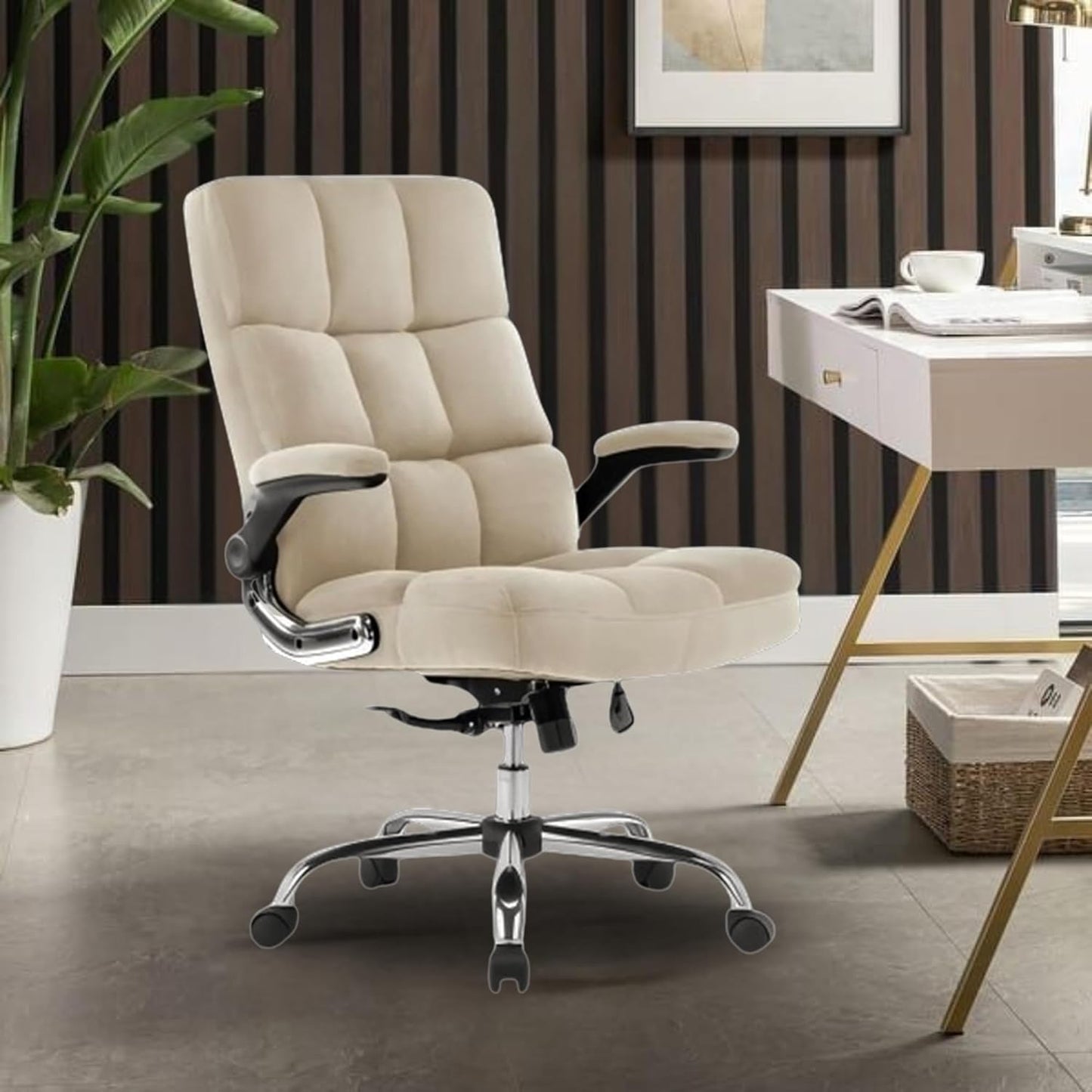 Luxora The Furniture Co Premium Velvet High Back Office Chair for Home & Office | Ergonomic Executive with Adjustable Height & Armrests | Boss Chair for Work from Home, Study & Computer Desk | Beige