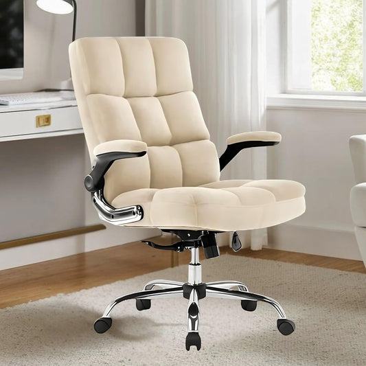 Luxora The Furniture Co Premium Velvet High Back Office Chair for Home & Office | Ergonomic Executive with Adjustable Height & Armrests | Boss Chair for Work from Home, Study & Computer Desk | Beige