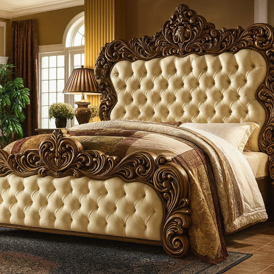 LUXORAA Arts Solid Teak Wooden Carving Royal Maharaja King Size Double Bed | Luxury Bed | for Bedroom, Hotel & Home, Brown Finish, (198L x 182W x 167H Centimeters)