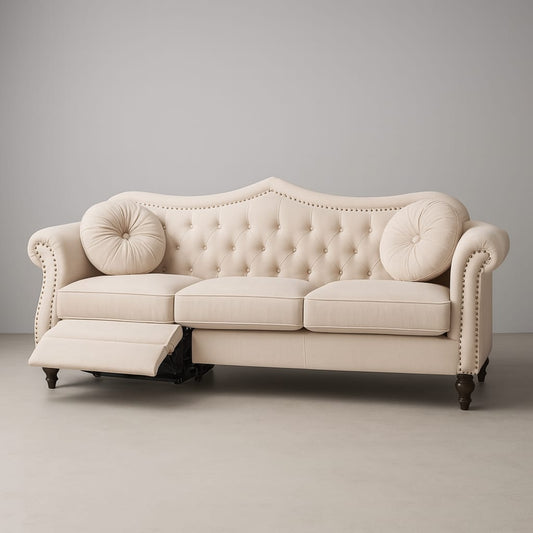 REEBON FURNITURE ART - Modern Velvet Chasterfield Sofa Button Tufted Taj Sofa with Throw Pillow for Living Room, Bedroom, Hallway (Beige, 3 Seater)