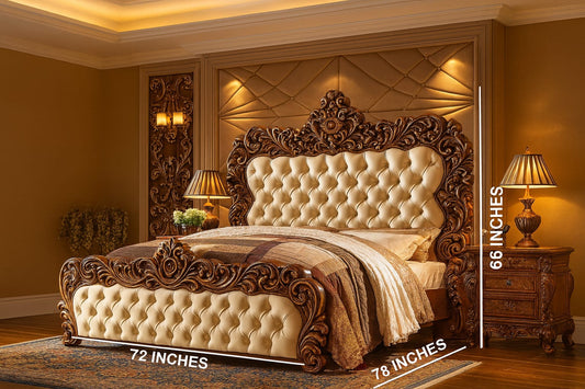 LUXORAA Arts Solid Teak Wooden Carving Royal Maharaja King Size Double Bed | Luxury Bed | for Bedroom, Hotel & Home, Brown Finish, (198L x 182W x 167H Centimeters)