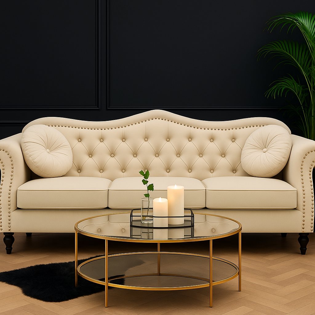 REEBON FURNITURE ART - Modern Velvet Chasterfield Sofa Button Tufted Taj Sofa with Throw Pillow for Living Room, Bedroom, Hallway (Beige, 3 Seater)