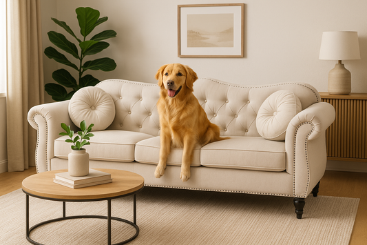 REEBON FURNITURE ART - Modern Velvet Chasterfield Sofa Button Tufted Taj Sofa with Throw Pillow for Living Room, Bedroom, Hallway (Beige, 3 Seater)