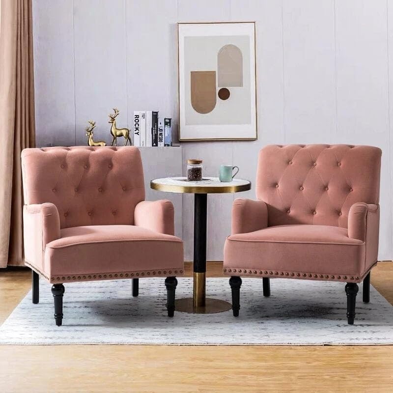 DUEX FURNITURE Royal Wingback Velvet Accent Chair | Set of 2 Luxury Single Seater Sofa Chair with Black Wood Piping | Modern Living Room, Bedroom & Lounge Chair (2 Chair) Pink