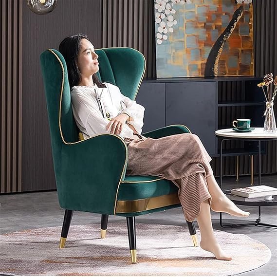 Royal Wing Chair for Living Room | Arm Chairs with Ottoman/Footrest for Bedroom | Wingback Velvet Accent Chair with Pouffes | Luxury Single Seater Armchair | Green
