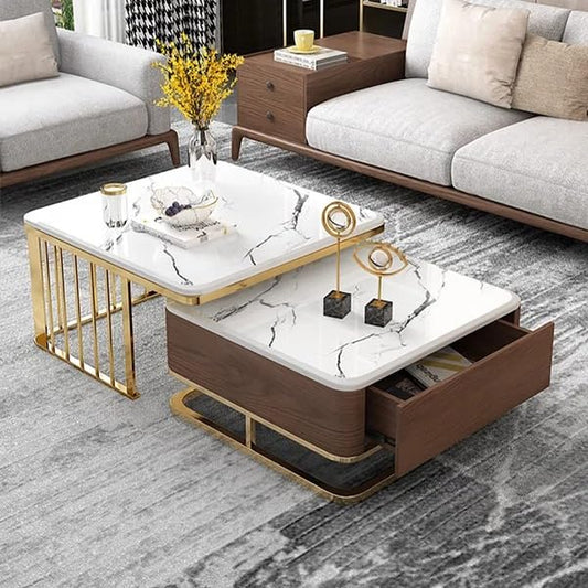 Welltrade Shoppee Iron Frame Handmade Modern Coffee Table with Marble Look Engineered Wood Top | Nesting Tea Table/Side/Center Table for Living Room, Drawing Room, Balcony (Multicolor)