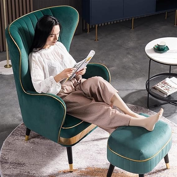 Royal Wing Chair for Living Room | Arm Chairs with Ottoman/Footrest for Bedroom | Wingback Velvet Accent Chair with Pouffes | Luxury Single Seater Armchair | Green