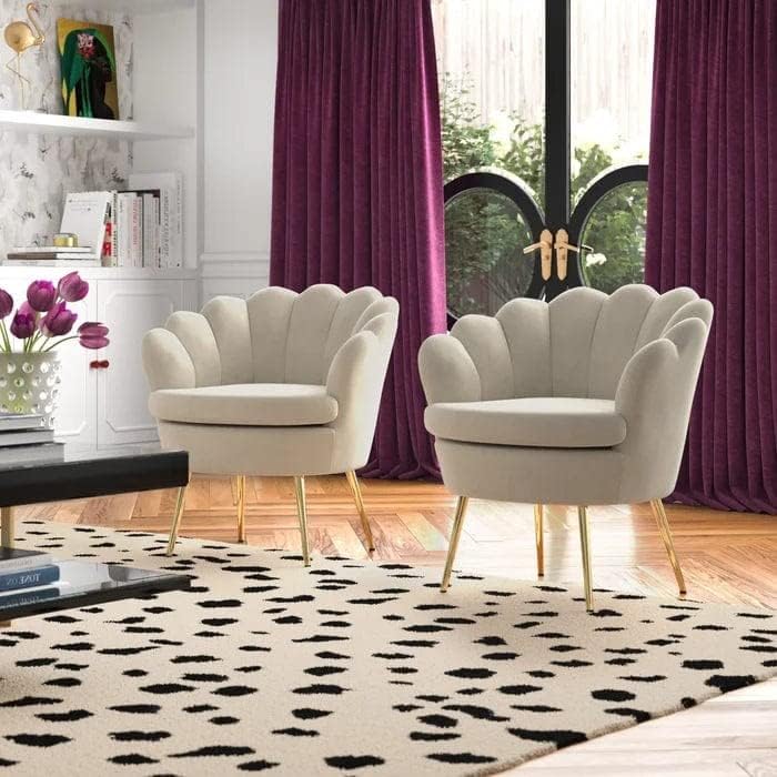 WOODEN FACTOR Vintage Velvet Fabric Tub Armchair with Golden Legs | Modern Flower Accent Chair for Home, Office, Lounge and Vanity | Luxury Dining Chair (Beige)
