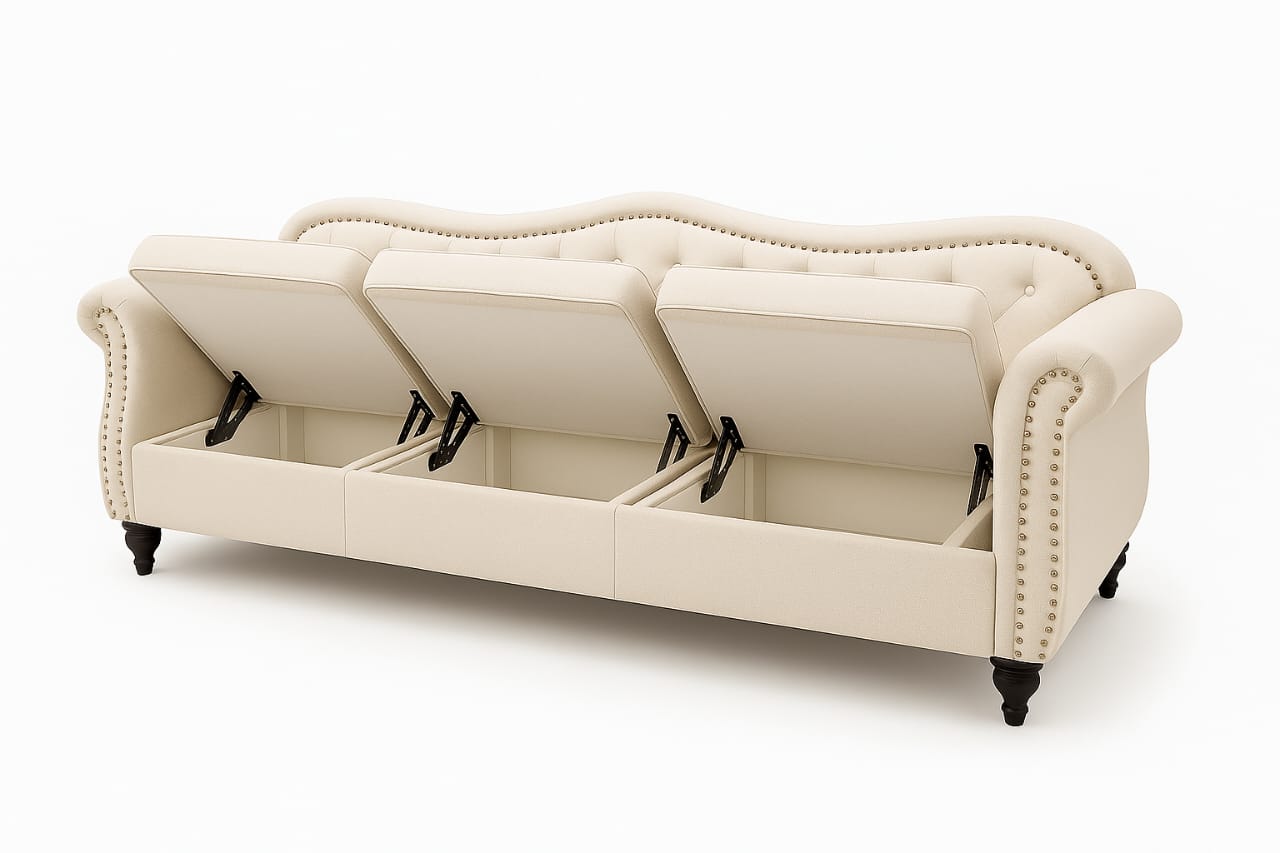 REEBON FURNITURE ART - Modern Velvet Chasterfield Sofa Button Tufted Taj Sofa with Throw Pillow for Living Room, Bedroom, Hallway (Beige, 3 Seater)