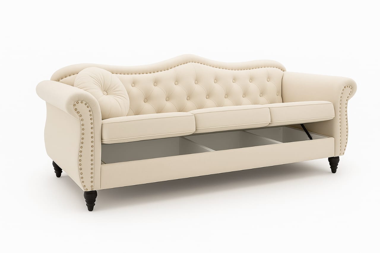 REEBON FURNITURE ART - Modern Velvet Chasterfield Sofa Button Tufted Taj Sofa with Throw Pillow for Living Room, Bedroom, Hallway (Beige, 3 Seater)