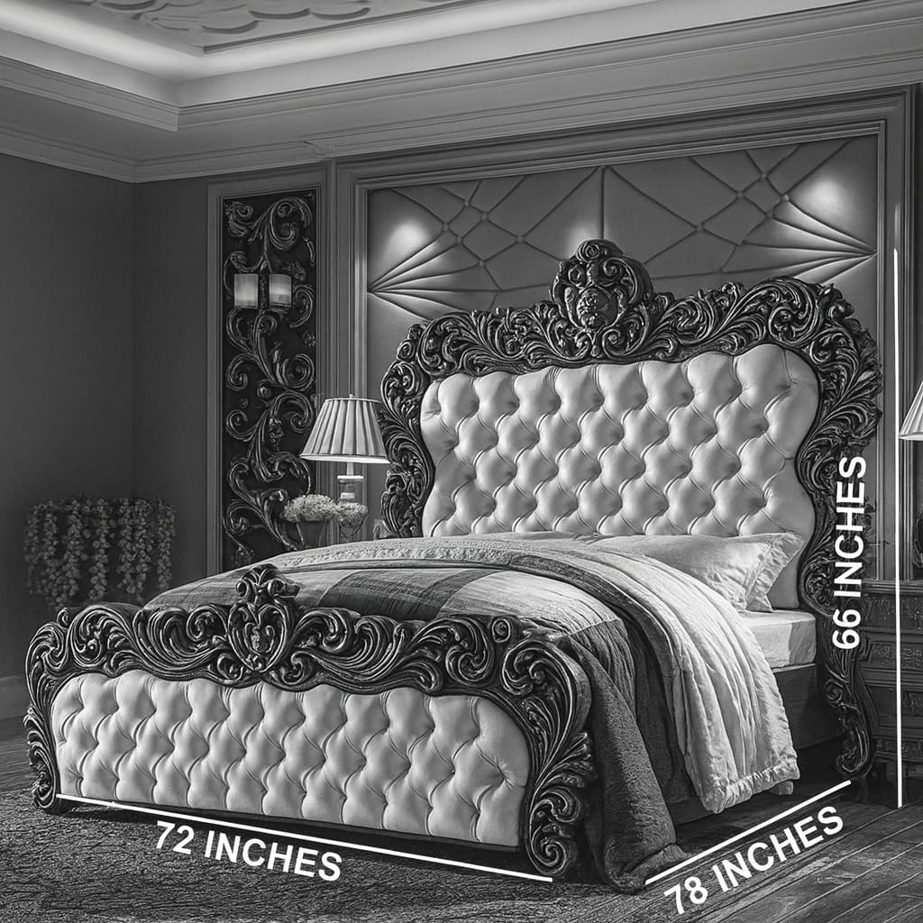 LUXORAA Arts Solid Teak Wooden Carving Royal Maharaja King Size Double Bed | Luxury Bed | for Bedroom, Hotel & Home, Brown Finish, (198L x 182W x 167H Centimeters)