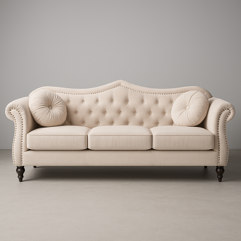 REEBON FURNITURE ART - Modern Velvet Chasterfield Sofa Button Tufted Taj Sofa with Throw Pillow for Living Room, Bedroom, Hallway (Beige, 3 Seater)