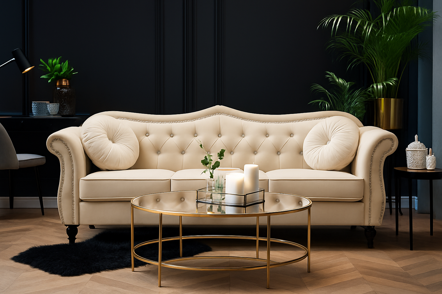 REEBON FURNITURE ART - Modern Velvet Chasterfield Sofa Button Tufted Taj Sofa with Throw Pillow for Living Room, Bedroom, Hallway (Beige, 3 Seater)