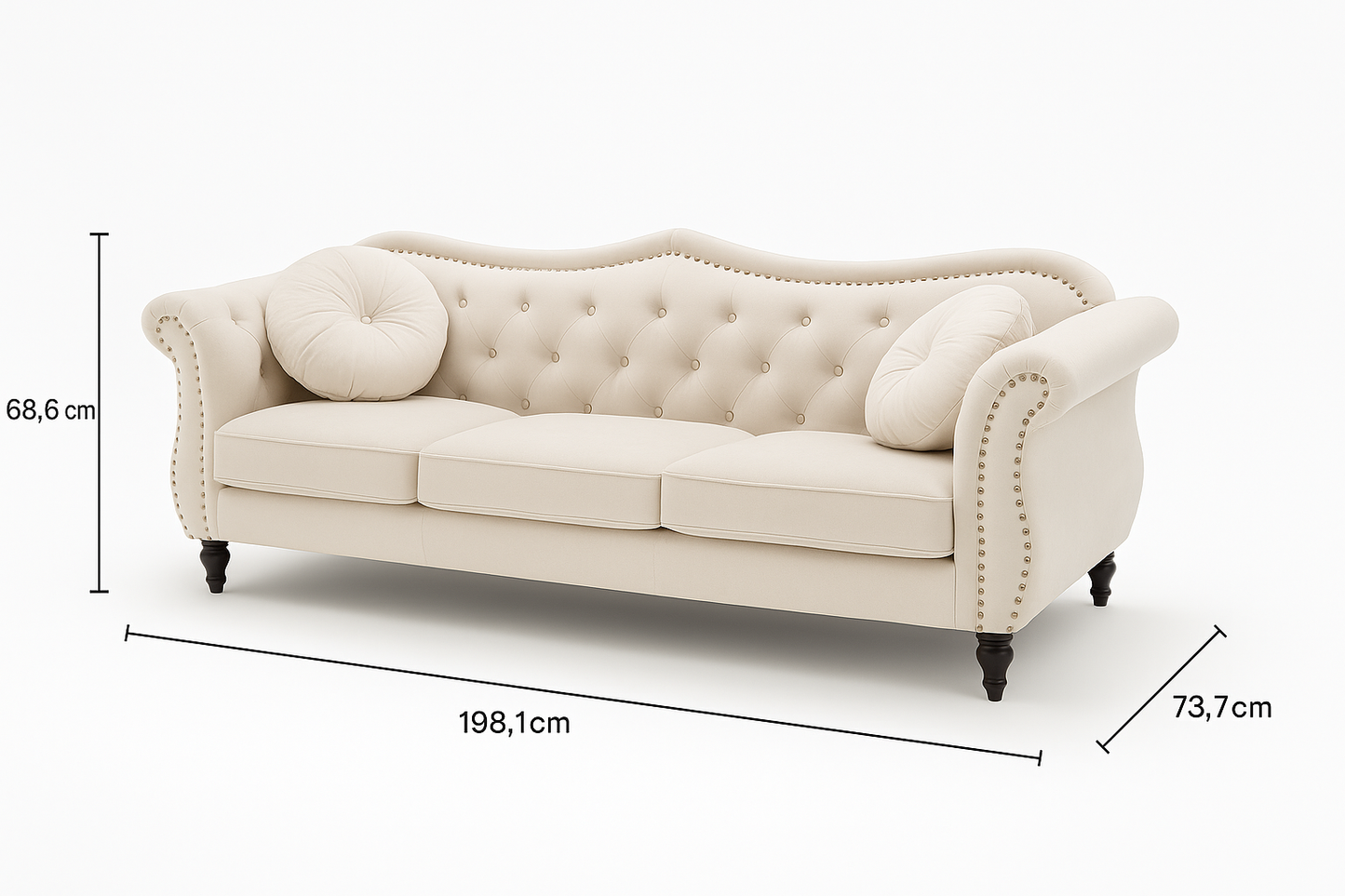 REEBON FURNITURE ART - Modern Velvet Chasterfield Sofa Button Tufted Taj Sofa with Throw Pillow for Living Room, Bedroom, Hallway (Beige, 3 Seater)